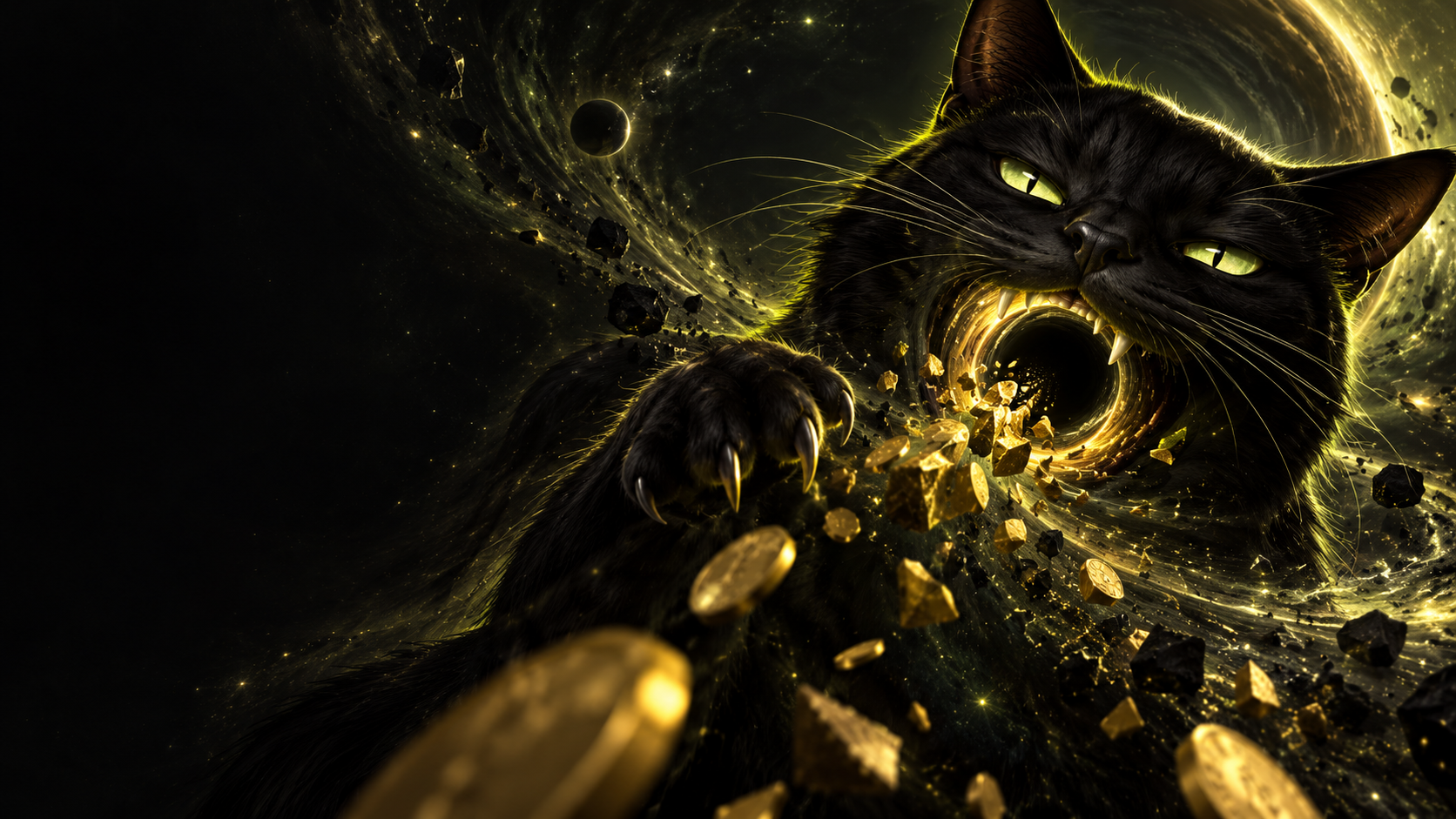 Black cosmic cat swallowing golden tokens